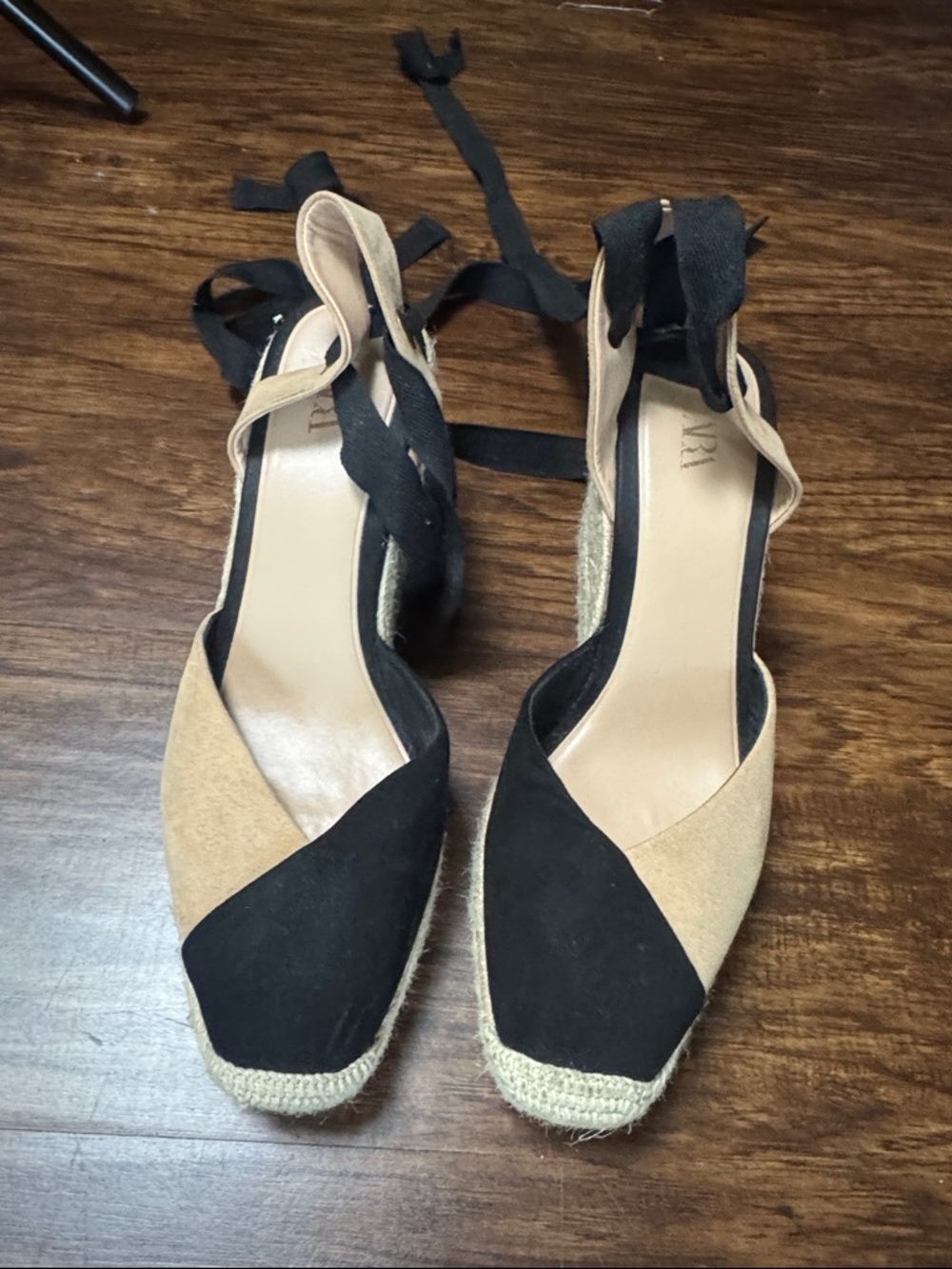 Zara Two-Tone Black and Tan Espadrille Ankle-Tie Flats